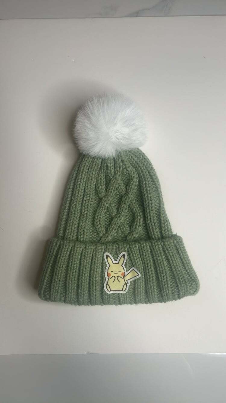 Youth Pokémon Pikachu Green & White Cable Knit Beanie With Pom Pom, NWOT